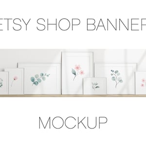 Puede incluir: Maqueta de un banner de tienda Etsy con seis marcos blancos, cada uno con una ilustraci&oacute;n de acuarela de un dise&ntilde;o floral o de hojas. Los marcos est&aacute;n dispuestos en una fila sobre un fondo blanco.