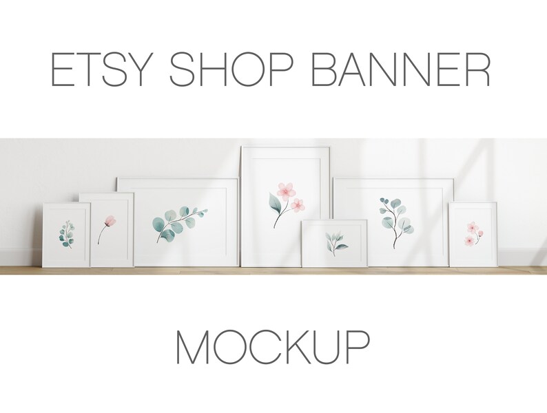 Puede incluir: Maqueta de un banner de tienda Etsy con seis marcos blancos, cada uno con una ilustraci&oacute;n de acuarela de un dise&ntilde;o floral o de hojas. Los marcos est&aacute;n dispuestos en una fila sobre un fondo blanco.