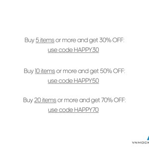 Puede incluir: Gr&aacute;fico de texto con fondo blanco y texto negro. El texto dice: "Compra 5 art&iacute;culos o m&aacute;s y obt&eacute;n un 30% de DESCUENTO: usa el c&oacute;digo HAPPY30". El texto contin&uacute;a: "Compra 10 art&iacute;culos o m&aacute;s y obt&eacute;n un 50% de DESCUENTO: usa el c&oacute;digo HAPPY50". El texto contin&uacute;a: "Compra 20 art&iacute;culos o m&aacute;s y obt&eacute;n un 70% de DESCUENTO: usa el c&oacute;digo HAPPY70".