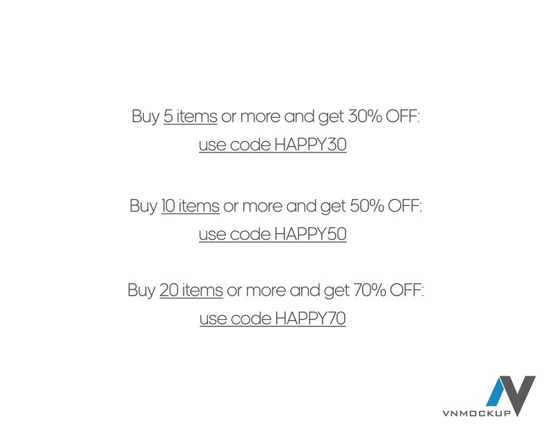Puede incluir: Gr&aacute;fico de texto con fondo blanco y texto negro. El texto dice: "Compra 5 art&iacute;culos o m&aacute;s y obt&eacute;n un 30% de DESCUENTO: usa el c&oacute;digo HAPPY30". El texto contin&uacute;a: "Compra 10 art&iacute;culos o m&aacute;s y obt&eacute;n un 50% de DESCUENTO: usa el c&oacute;digo HAPPY50". El texto contin&uacute;a: "Compra 20 art&iacute;culos o m&aacute;s y obt&eacute;n un 70% de DESCUENTO: usa el c&oacute;digo HAPPY70".