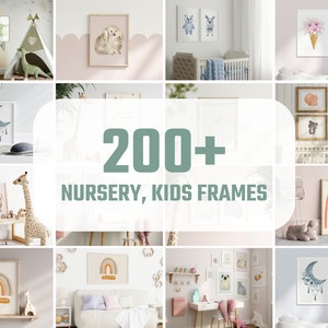 K&ouml;nnte beinhalten: Eine Sammlung gerahmter Kunstdrucke f&uuml;r Kinderzimmer. Die Drucke zeigen Aquarellillustrationen von Tieren, Regenbogen und Himmelsmotiven. Das Bild enth&auml;lt den Text "200+ NURSERY, KIDS FRAMES". Die Rahmen sind in verschiedenen Gr&ouml;&szlig;en und Stilen.