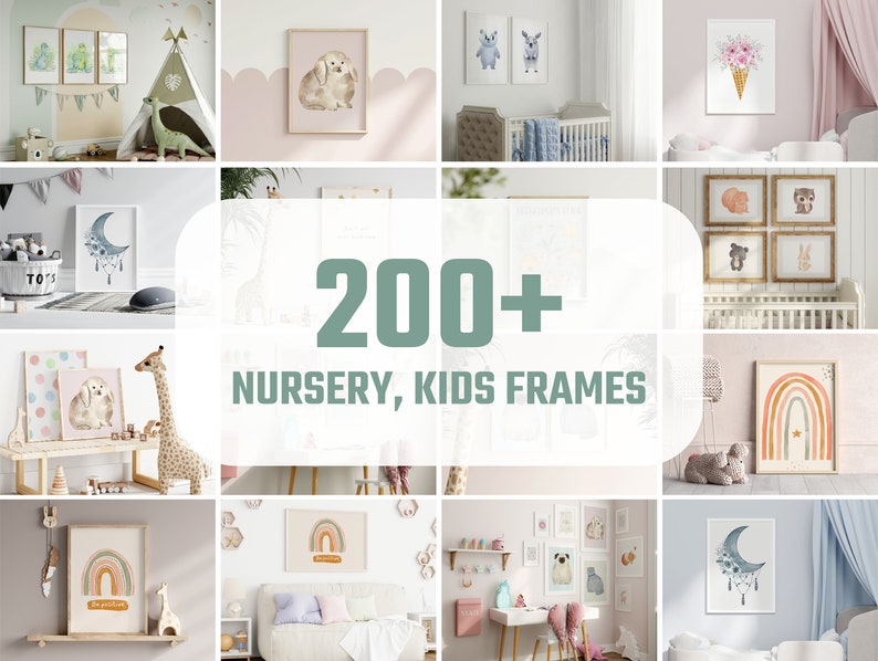 K&ouml;nnte beinhalten: Eine Sammlung gerahmter Kunstdrucke f&uuml;r Kinderzimmer. Die Drucke zeigen Aquarellillustrationen von Tieren, Regenbogen und Himmelsmotiven. Das Bild enth&auml;lt den Text "200+ NURSERY, KIDS FRAMES". Die Rahmen sind in verschiedenen Gr&ouml;&szlig;en und Stilen.