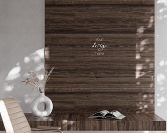 Modern Home Office Mockup, Wood Wall Background (JPG)