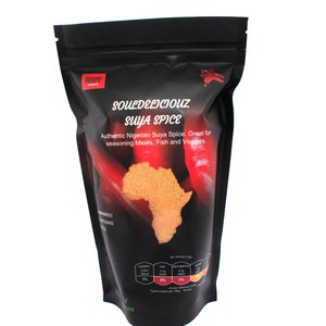 Mezcla de especias nigerianas Suya de Souldeliciouz. Bolsa de 350 g. Apto para veganos. Receta incluida en el listado de venta.