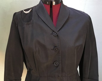 1950s &#39;New Look&#39; Cropped Black Grosgrain Jacket with Rhinestone Details by &quot;Kerrybrooke&quot;
