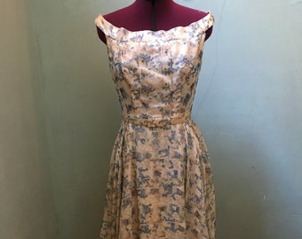 1950s cream and blue organza party dress with abstract floral embroidery and rhinestones | W 28.5&quot;