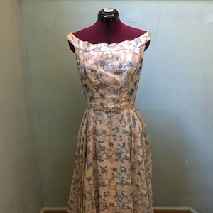 1950s cream and blue organza party dress with abstract floral embroidery and rhinestones | W 28.5&quot;