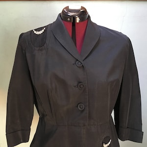 1950s &#39;New Look&#39; Cropped Black Grosgrain Jacket with Rhinestone Details by &quot;Kerrybrooke&quot;
