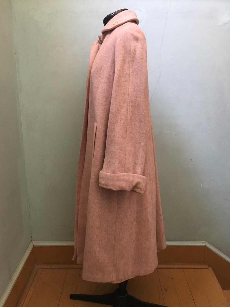 1950s pink blush full length wool coat with hand beaded collar rhinestone buttons and satin lining