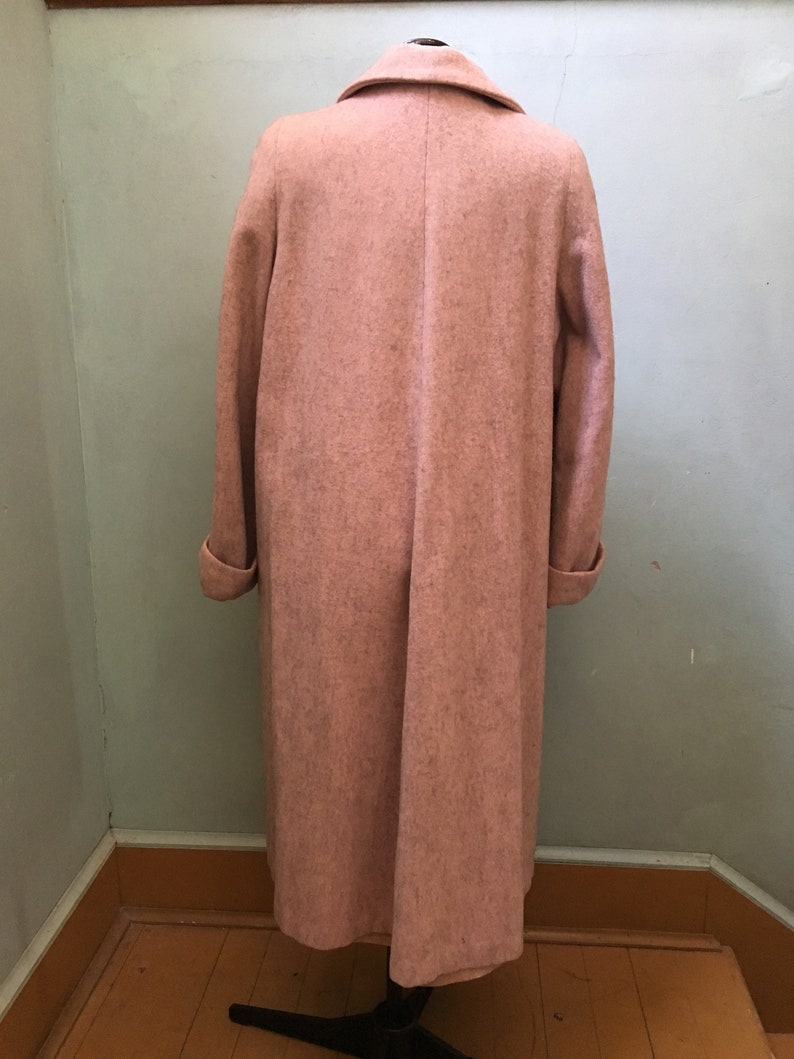 1950s pink blush full length wool coat with hand beaded collar rhinestone buttons and satin lining