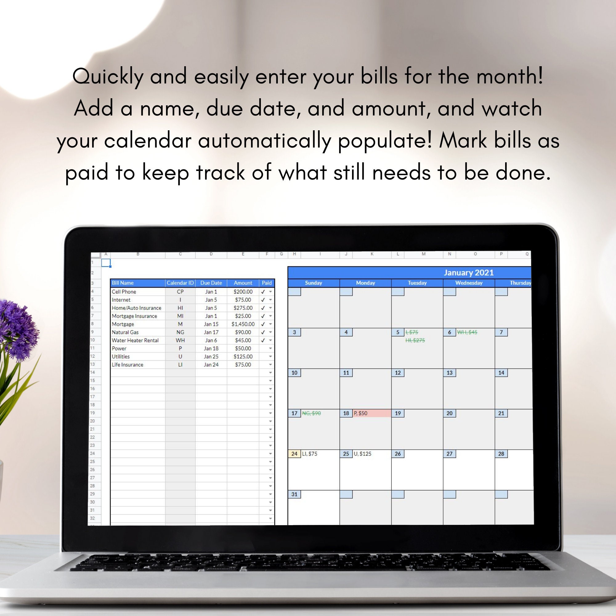 Bill Tracker with Calendar Google Sheets Etsy