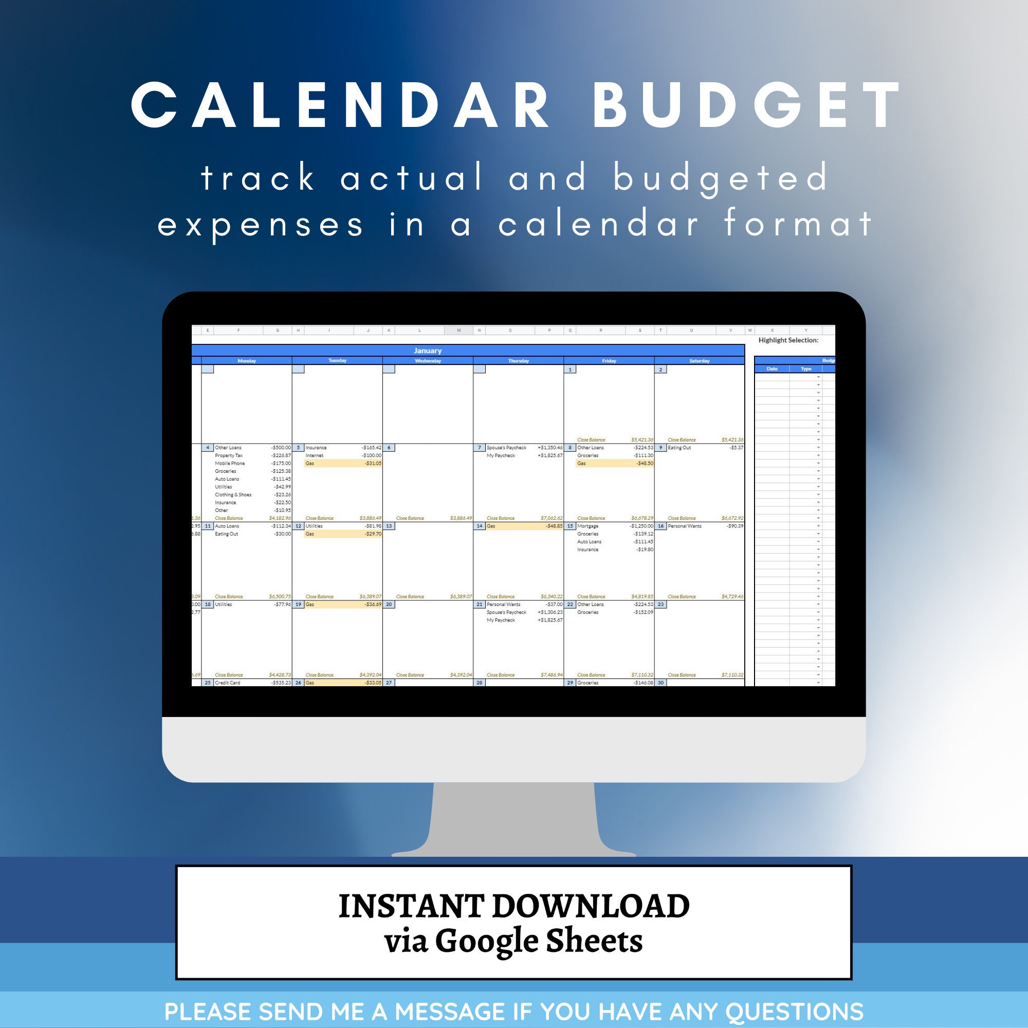 Calendar Budget Template Google Sheets Etsy Calendar Budget Template Google Sheets Etsy