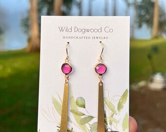 Pink and brass earrings - pink glass bead - brass stick earrings - long earrings. Wild Dogwood Co.