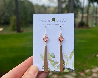 Pink and brass earrings - pink glass bead - brass stick earrings - long earrings. Approx 3 inches long.  Wild Dogwood Company.