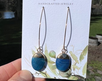 Blue agate earrings. Beautiful brass hook earrings with blue pendant