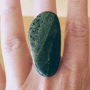 Big Long Oval Stone Ring. Natural Ocean Stone. Adjustable. Statement Ring. Green Big Stone Bohemian Jewelry.