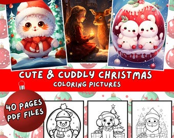 Cute & Cuddly Christmas Coloring Book Bundle – 40 Pages of Fun Holiday Designs for Kids, Adults | PDF Instant Download Print at Home, Xmas