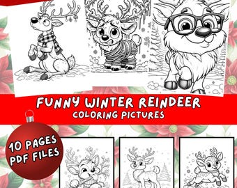 Funny Winter Reindeer Coloring Pages - 10-Page PDF Bundle | Holiday Digital Download for Kids and Adults Print Art Christmas Coloring Pages