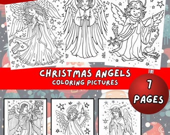 Christmas Angels Coloring Pages | 7 Festive Angel Designs for Kids & Adults | Digital Download Coloring Pictures | Holiday Fun Cricut Cameo