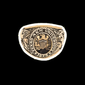 May include: A gold-colored ring with the words "TEXAS A&M UNIVERSITY" and the year "1876" engraved on it. The ring features an eagle emblem and a shield with stars.