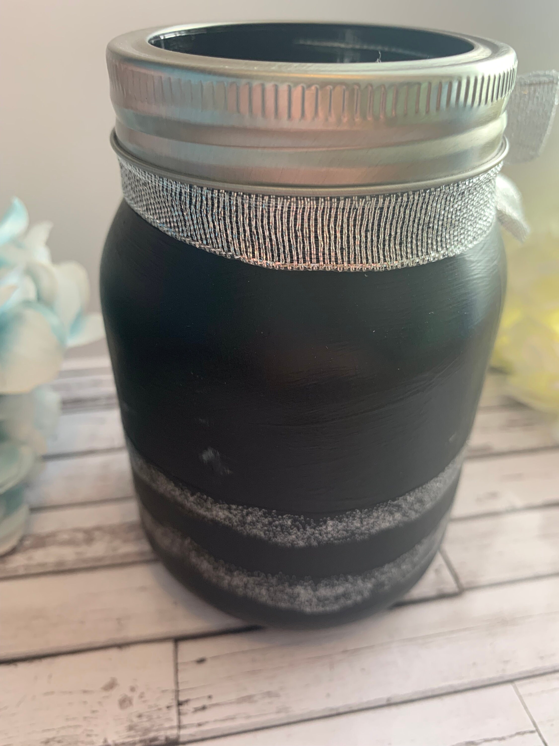 Painted Black Glass Kilner Jar With Glitter Stripes and Heart Pendant