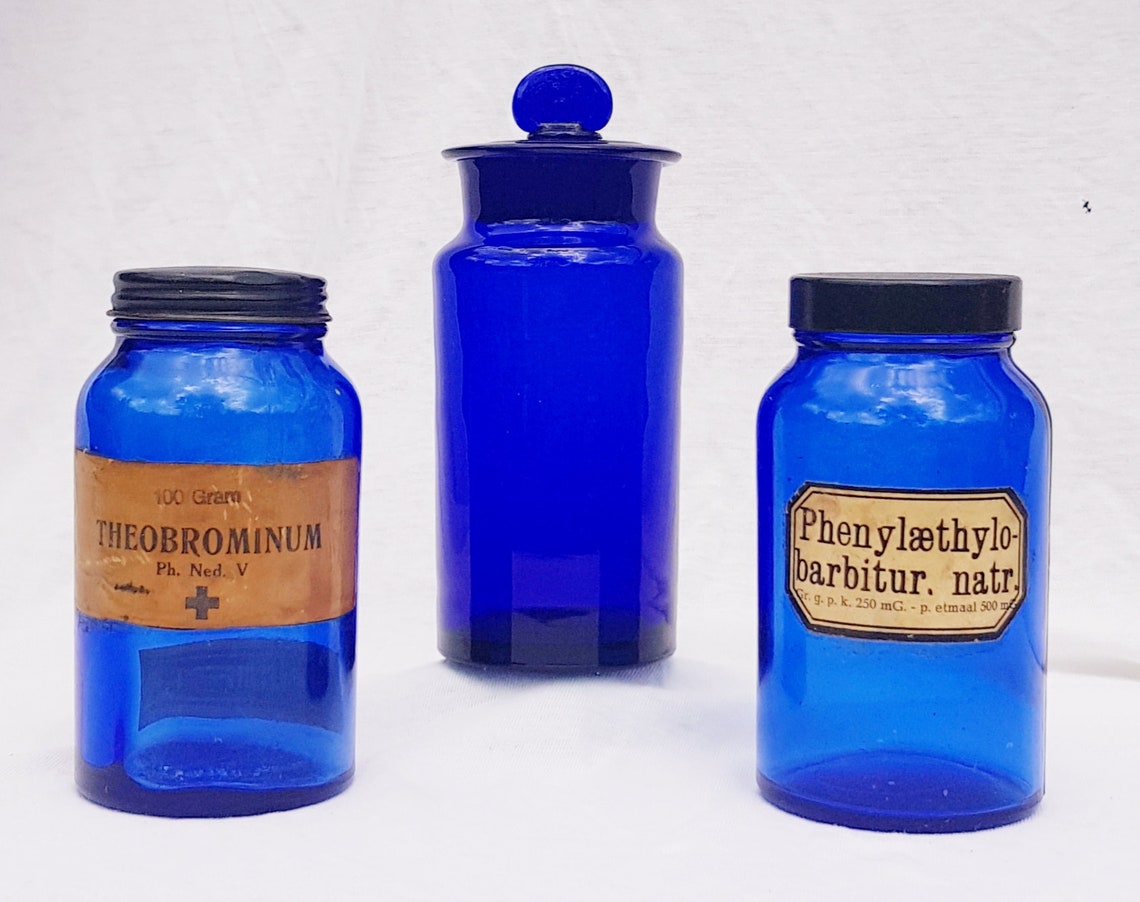 1880 Blue Apothecary Glass bottles Canister Pharmacy Vintage Etsy