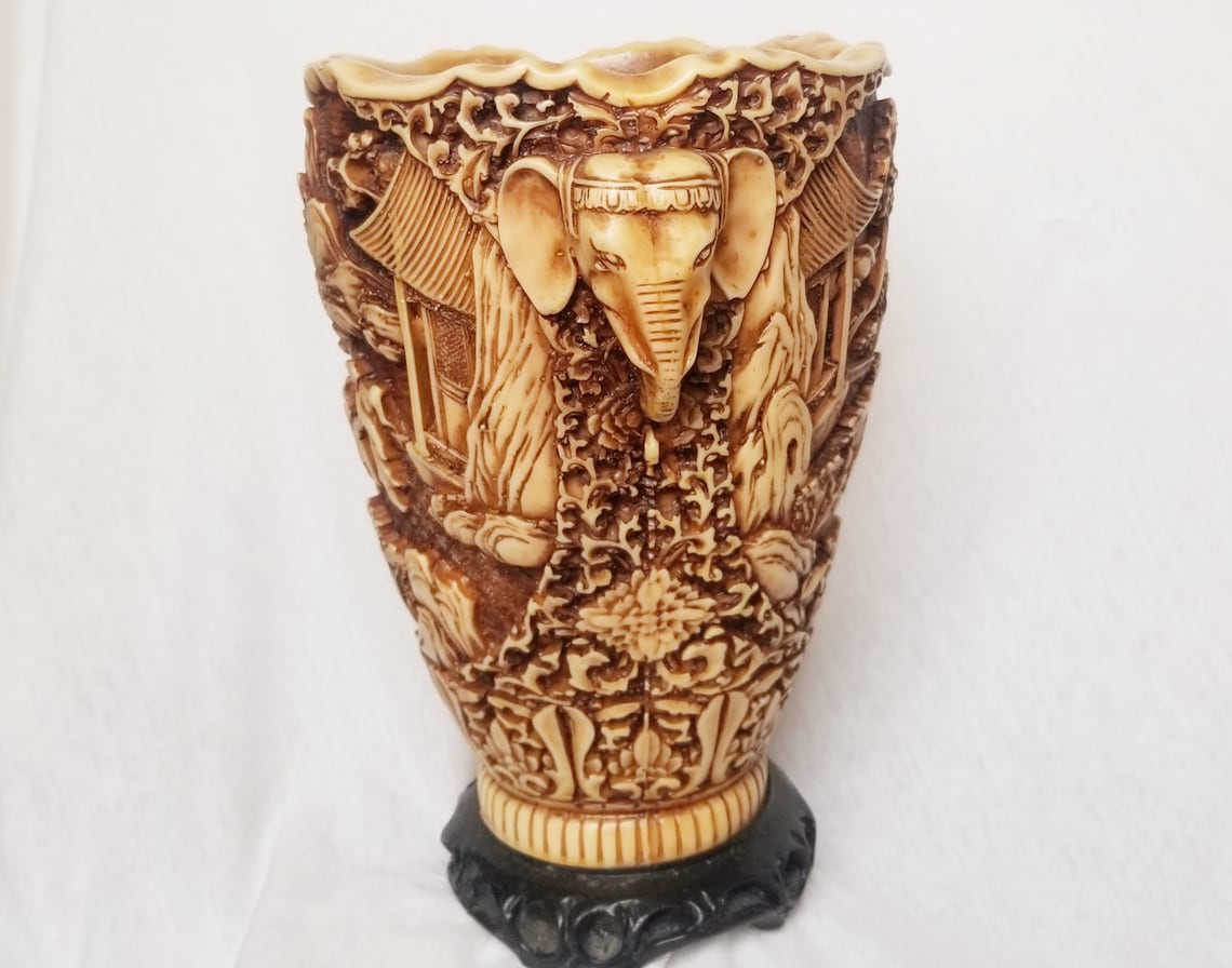 Large Carved Elephant Handle Vase Carved Alabaster Vase Style Etsy