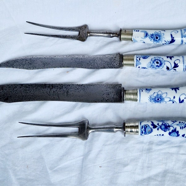 Meissen Forks Knives Porcelain Handle blue onion Antique set cutlery  Meissen flatware