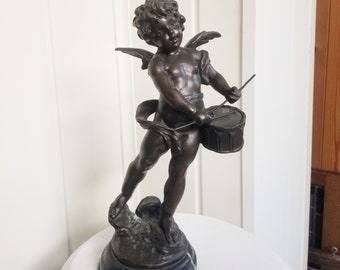 Angel Bronze Cherub Drum, Hippolyte Francois Moreau, Bronze Statue Cherub