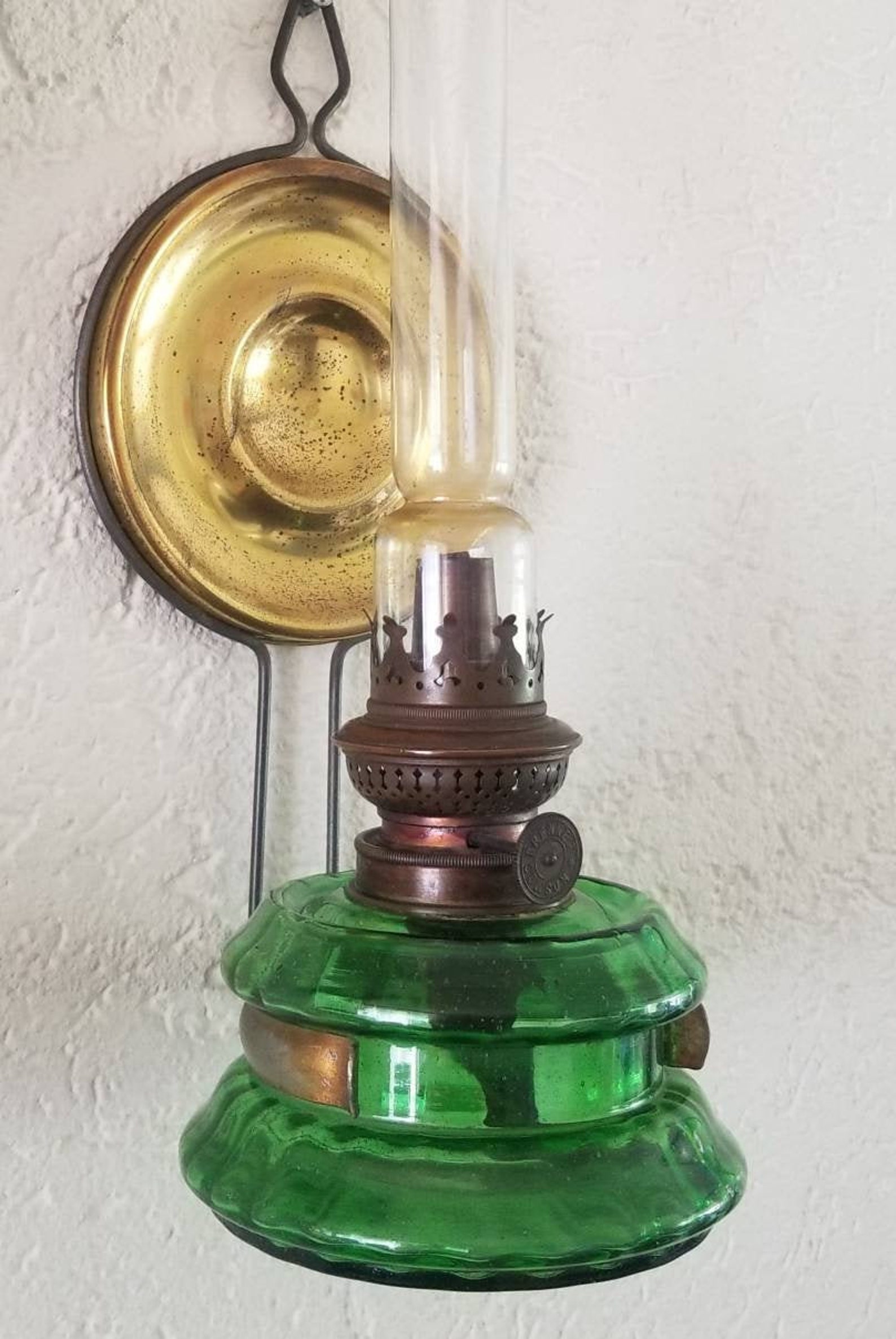 Edwardian wall hanging Oil Lamp 1903 with a brass reflector Etsy