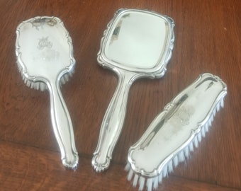 Art Nouveau Mirror Brushes  Silver Plated Repousse,   Dressing Table Set, Vanity Real Bristle,  brush, hairbrush FRENCH