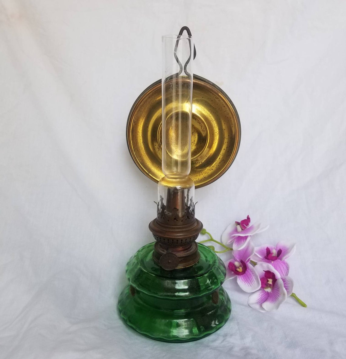 Edwardian wall hanging Oil Lamp 1903 with a brass reflector Etsy