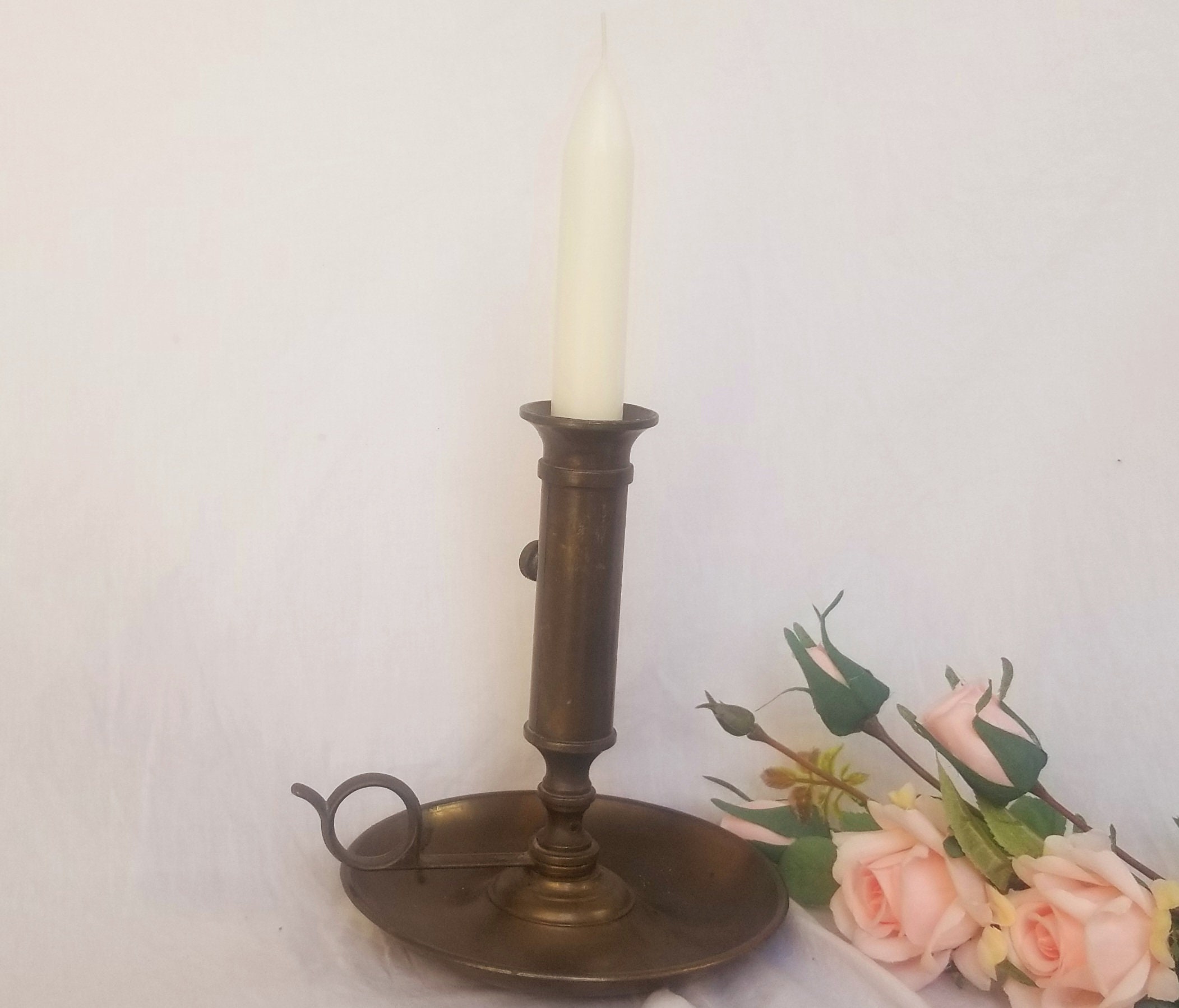 Vintage Brass Candlestick Push up Chamber Stick/ Finger Loop Candlestick,  Candle Holder, Antique Brass Push-up Candle Holder 