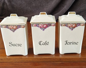 Kitchen cannister set, Vintage FRENCH Canister, ceramic storage pots 1940s