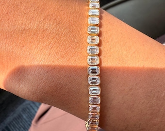 Tennisarmband met smaragdgeslepen, in het laboratorium gekweekte diamant, 14 karaats massief gouden unisex jubileum tennisarmband, 5 x 3 mm diamanten sieraden met volledige bezelzetting