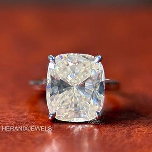 5CT Cushion Cut Moissanite Solitaire Diamond Engagement Ring, E Color VVS Clarity Diamond, 10KT Solid Gold Halo Prong Set Ring, Gift For Her