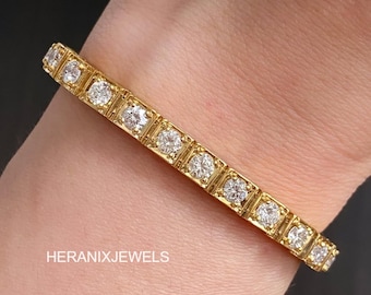 Pulsera de tenis de corte redondo con diamante cultivado en laboratorio, pulsera de tenis unisex de oro macizo de 18 quilates para aniversario, joyería con diamante de 4 mm, engaste de garras, regalo para ella.