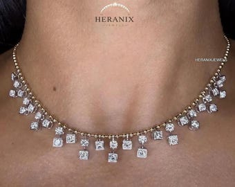 Collar de moissanita de corte redondo con engaste en plata de ley 925, gargantilla con cadena de cuentas de dos tonos, elegante joya hecha a mano, regalo para ella.