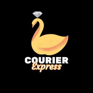 Könnte beinhalten: Ein grafisches Logo mit einem gelben Schwan, auf dessen Kopf eine Diamantform balanciert. Unter dem Schwan steht der Text COURIER in fetten weißen Großbuchstaben, gefolgt von dem Wort Express in orangefarbener Schreibschrift mit weißem Rand auf schwarzem Grund.