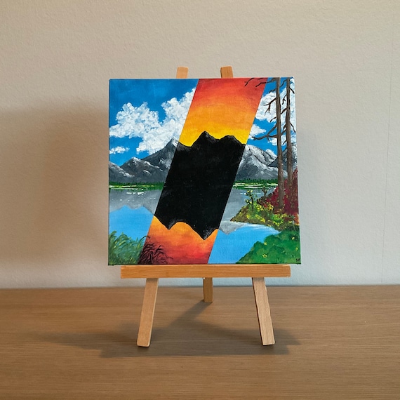 Bob Ross Style Acrylic Painting Landscape With Mountains and Water