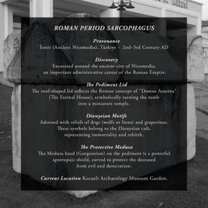 Puede incluir: Un sarc&oacute;fago de piedra de la &eacute;poca romana con una tapa en forma de tejado y relieves de motivos dionis&iacute;acos, incluyendo vides y animales. La parte frontal muestra una cabeza de Medusa. El texto en la imagen detalla su origen e historia.