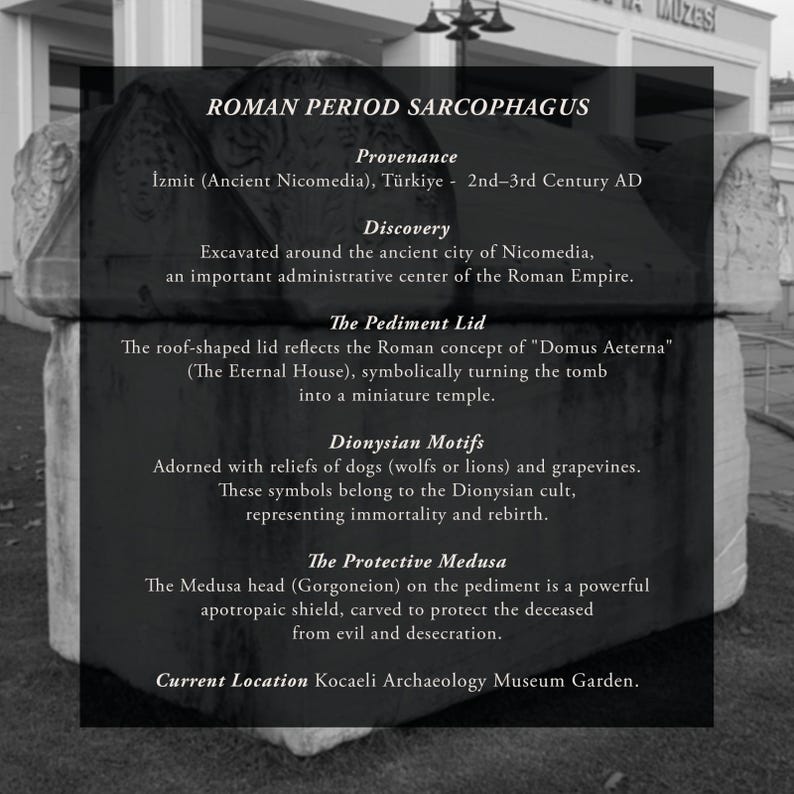 May include: A stone Roman period sarcophagus featuring a roof-shaped pediment lid, carved relief motifs of grapevines and animals, and a Medusa head. Text on the image details its provenance from Izmit, Turkey, and its 2nd-3rd century AD origin.
