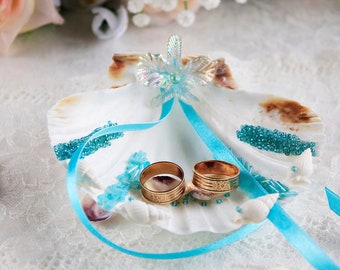 Porte bague coquillage de mariage côtier, porte-alliances turquoise, porte alliances mariage exotique, coussin de plage, porte bague coquillage naturel