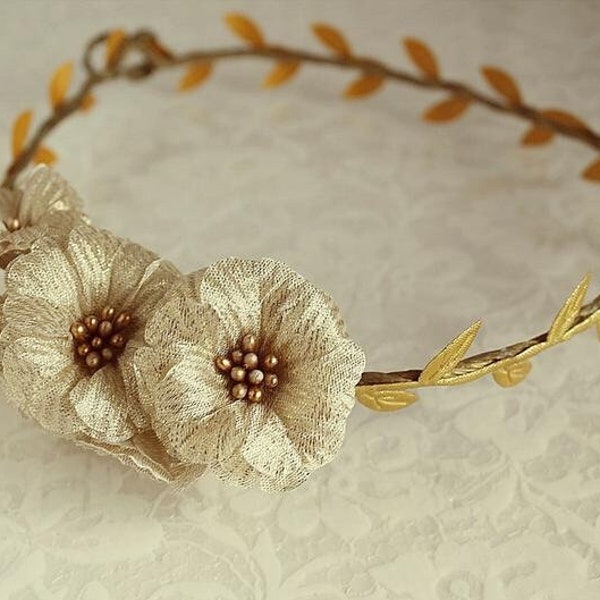 Gold Flower Wedding Crown, Woodland Bridal Halo Rustic Head Wreath, Boho Crown, Gold Head Wreath, Flower Girl Wreath, Gold Bridal Headband