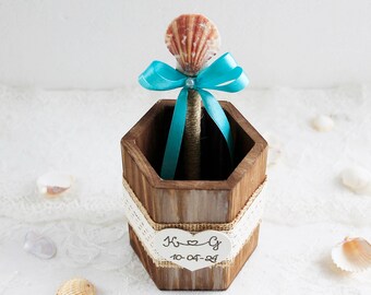 Beach Wedding Guest Book Pen Set with Holder – Nautical Seashell Design, Burlap Wrap, Coastal Personalized Bridal Shower Gift, Beach Decor