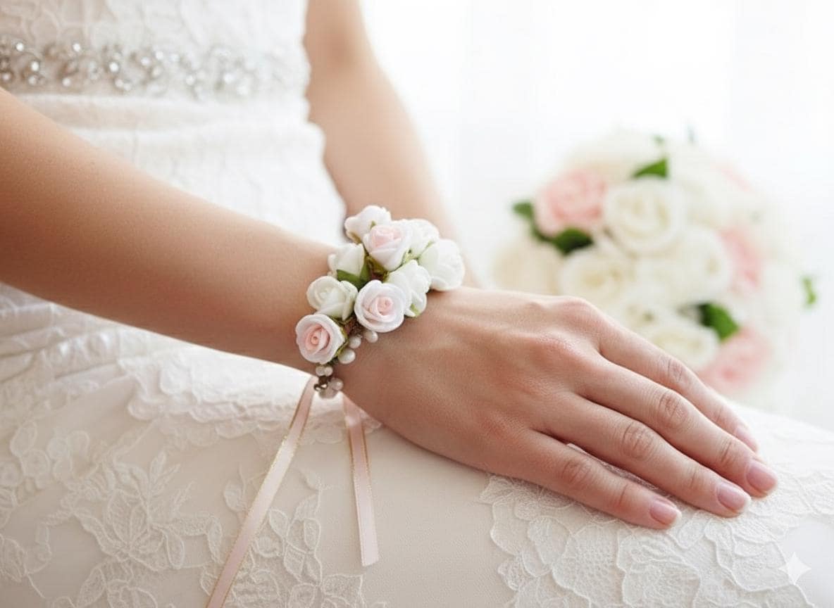 Set Bouquet Da Sposa Bianco Con Fiore Da Polso E Corpetto – Fiori In Seta, Bracciale Di Perle Elasticizzato, Per Matrimonio E Ballo