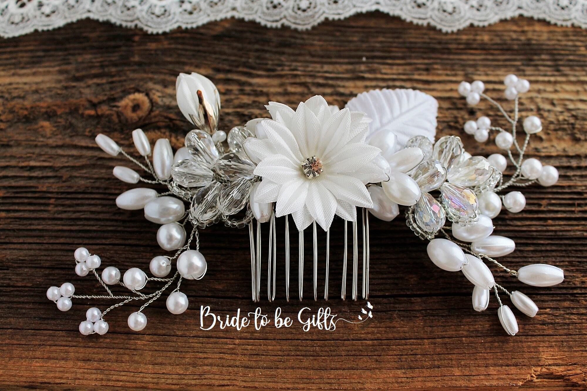 Handmade White Flower & Pearl Hair Comb - Elegant Wedding 
