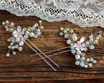 Set of 2 Opal Bridal Hair Pins, Pearl Crystal Clips, Prom Hair Pins, Bridal Hair Jewelry, Opal Crystal Pearls Hair Pins, Wedding Hair Pins