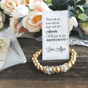 Bridesmaid Proposal Gift – Gold Pearl Bracelet with Personalized Message, Bridesmaid Jewelry in a Box, Maid of Honor, Flower Girl Gift Idea