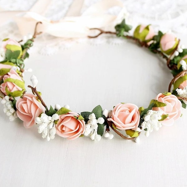 Peach Rose Crown, Boho Bridal Halo, Flower Girl Wreath, Peach Head Wreath, Flower Girl Crown, Woodland Headband, Peach Toddler Crown